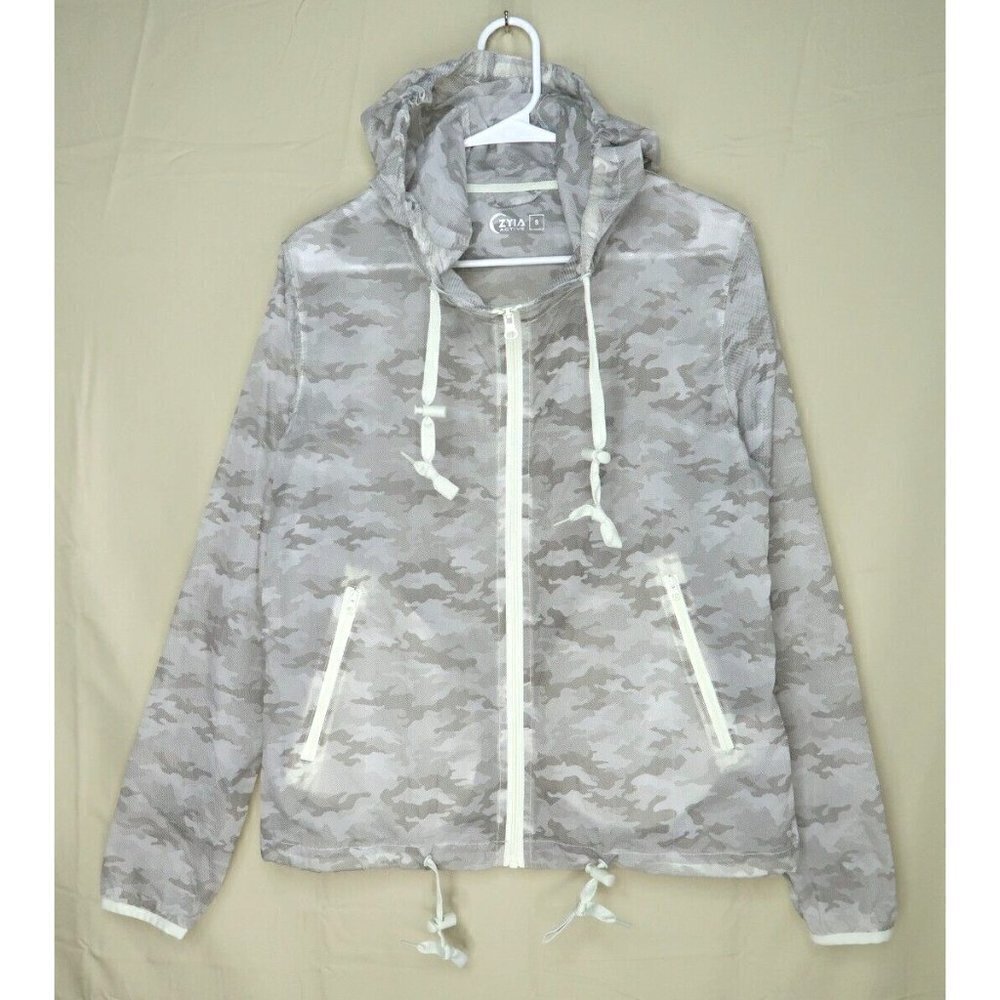 Zyia Gray Camo Light Windbreaker Jacket Zip Up Hoodie Performance Running Small